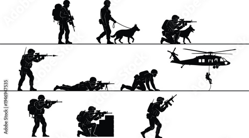 Military Special Forces Silhouette Set with Soldiers Sniper K9 Unit Tactical Patrol Combat Helicopter Rescue Operation Isolated on White
