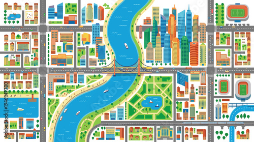 A bird's-eye view of a city featuring modern skyscrapers, streets, a river, and a bridge, depicted as a vibrant cartoon illustration of an urban landscape