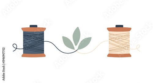 Spools of colored thread and leaves.