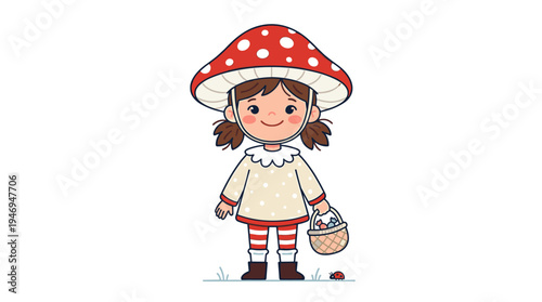 A young girl in a whimsical carnival outfit, topped with an amanita mushroom hat, is portrayed in a flat vector illustration set against a white background