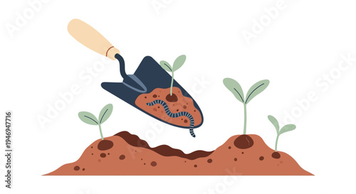 Trowel with soil and seedlings growing.
