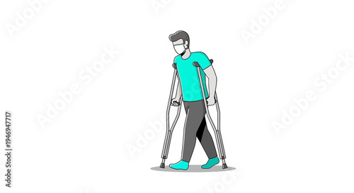 Patient Using Crutches With A Face Mask Depicting Health and Recovery