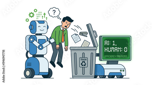 A flat vector illustration shows AI supplanting humans at work, a clash between technology and people, the triumph of machines, as a robot tosses a redundant employee into a trash can against a white