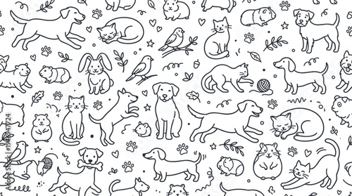 A monochrome seamless pattern featuring pets outlined in contour lines against a white backdrop, suitable for wrapping paper, wallpaper, or textile prints