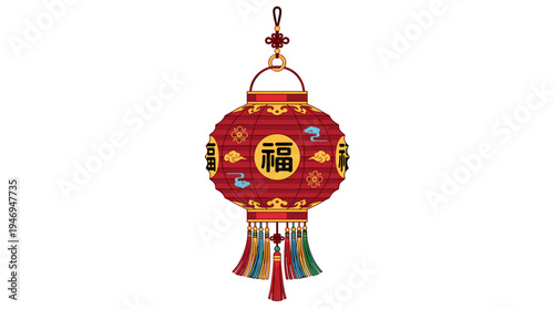 A festive Chinese street lantern featuring fringe, suspended by a cord, depicted as a traditional collapsible paper light from Asia, illustrated in vector form against a white background