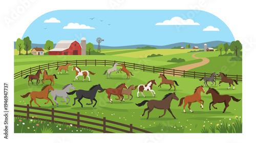A herd of thoroughbred horses grazes on an equine ranch while stallions frolic outdoors on the farm, and numerous domestic animals of various breeds populate the rural countryside panorama, all