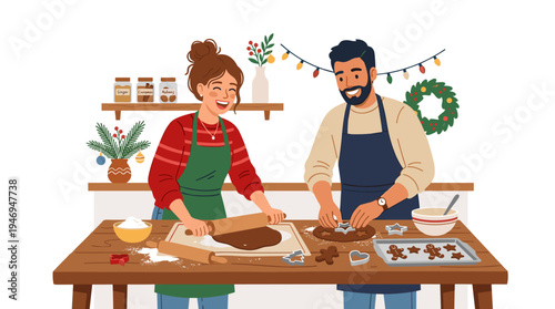 A couple is baking ginger cookies in their home kitchen for Christmas, while others join to make gingerbread together for the winter holiday, depicted in a flat vector illustration on a white