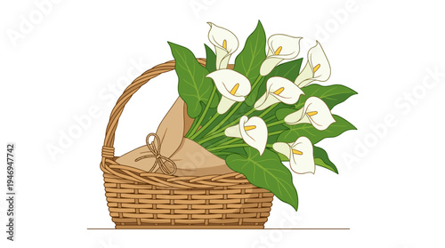 Basketed calla lilies with leaves, wrapped in paper on wicker, exuding elegant blooms; a stunning fresh-cut floral vector illustration on a white background