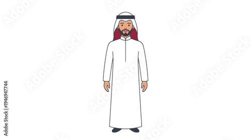 A Muslim man in traditional Arab attire, wearing a thobe, depicted in a modern oriental portrait as a flat vector illustration set against a white background