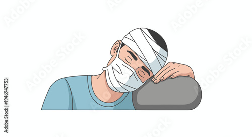Patient With Head Injury Wearing Mask Resting Comfortably After Medical Treatment
