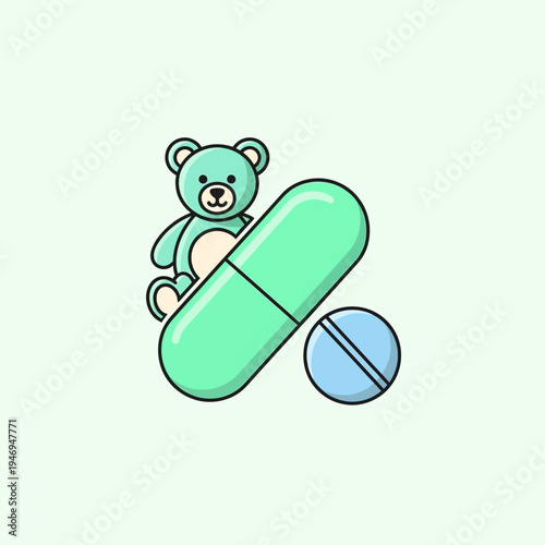 Pediatric Healthcare Symbolism: A Green Capsule, Teddy Bear, And Blue Pill Combination