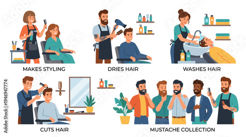 A collection of diverse hairdressers featuring a fashionable man and woman in a barbershop or salon, offering styling, drying, washing, cutting hair and mustache services, depicted as a flat vector