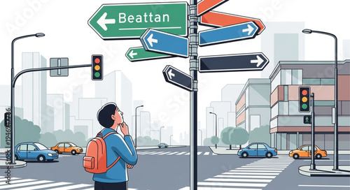 Man looking at street signs.