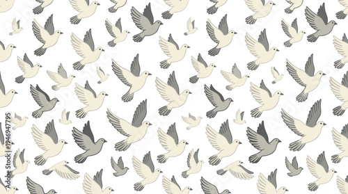 A seamless pattern of birds in the sky: a flock of doves glides across an endless background, creating a textured design of white-winged pigeons in repeated flight, rendered as a flat vector