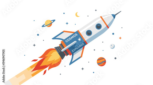 A rocket flies through outer space, its engine blazing with flames, depicted as a futuristic spaceship in a vibrant flat textured vector illustration of intergalactic transport