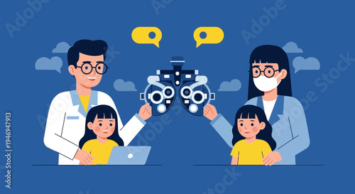 Pediatric Optometry Illustration Depicting Child Eye Exam with Professionals and Equipment