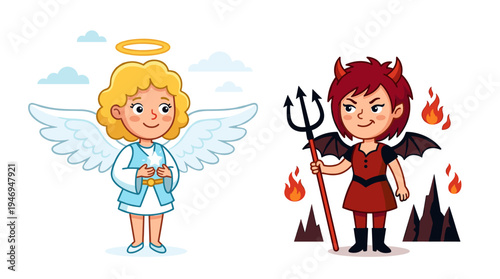 An angel with wings and a devil clutching a pitchfork, alongside God and Satan, depict heavenly and hellish beings, while female cartoon characters embodying good and evil stand alone on a white