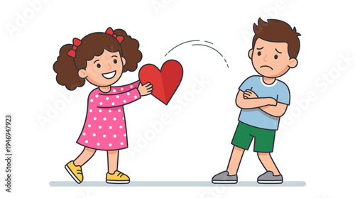 A pushy girl attempts to give her heart to a boy who refuses her offering, depicting unreciprocated, one‑sided affection. The male and female cartoon figures stand alone against a white backdrop in a