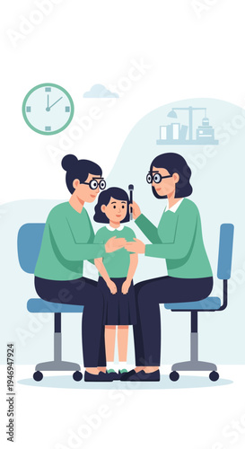 Pediatric Examination: A Detailed Illustration of Two Doctors Assessing a Young Patient's Health.