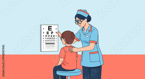 Pediatric Optometry: Eye Exam Illustration With Child And Optometrist Checking Vision Together
