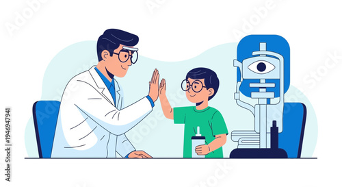 Pediatrician and Child High-Five Celebrate Successful Eye Exam in Modern Illustration