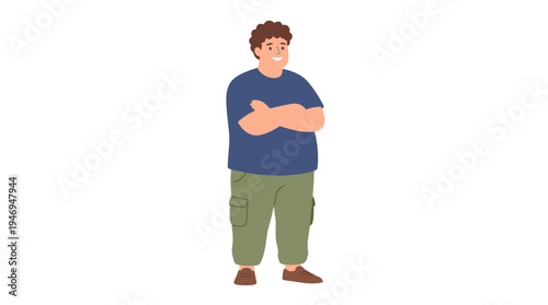 A cheerful young man with a robust, plus‑size physique, wearing relaxed casual attire, grinning as he stands with his arms crossed in a flat vector illustration against a white background
