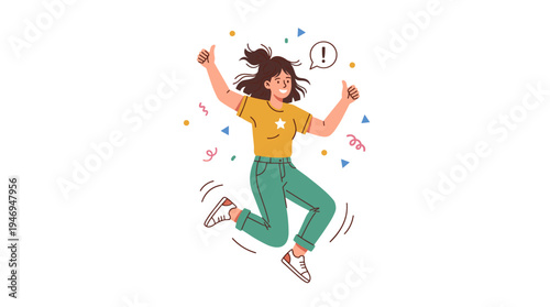 A cheerful woman leaps, celebrating with a thumbs‑up gesture. A smiling girl dances, radiating positive energy, fun, and joy. A lively, joyful person. A flat vector illustration set against a white