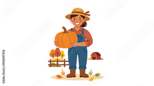 A woman farmer stands with a pumpkin, smiling, wearing a hat, holding a sizable vegetable during an autumn harvest of natural organic produce, depicted in a flat vector illustration on a white