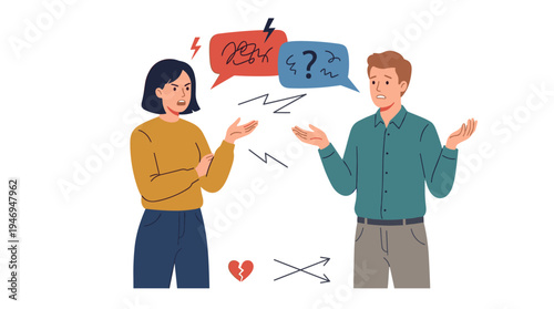 Couple’s misunderstanding, conflict, and disagreement. A furious woman argues with her partner. The concept of miscommunication. A flat vector illustration on a white background