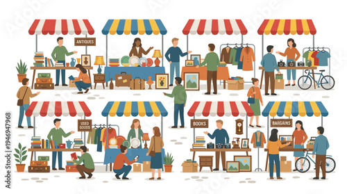 A flat vector illustration of a flea market and rag fair shows faceless sellers and customers trading cheap, old items at a swap meet, where junk is bought and bargained like in a bazaar or antique