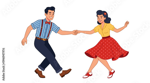 A couple, hand in hand, twirls through a lindy hop, wearing vintage attire while performing swing or jive in a flat vector cartoon on a white background