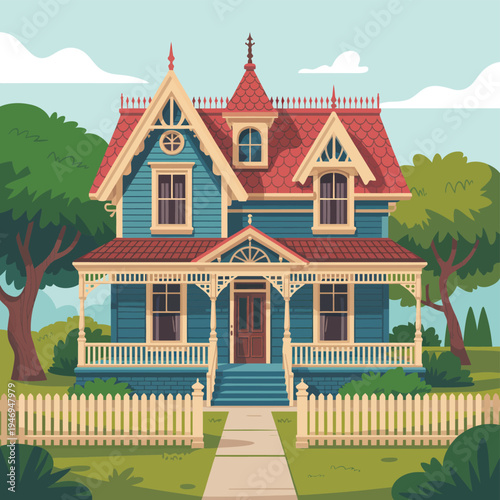 Victorian-style blue house with ornate red roof and intricate trim, featuring a wraparound porch and white picket fence, detailed illustration