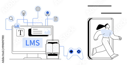 Computer with LMS interface, tablet, book, game controller, and abstract person exiting a phone. Ideal for e-learning, edtech, interactivity, innovation self-learning gamification simple flat