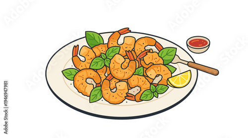 Fried shrimp tossed with fresh basil leaves, a seafood dish. Boiled prawns served with herbs on a plate, a tasty gourmet starter. The illustration is a flat vector image on a white background