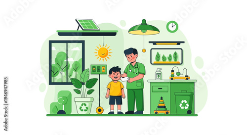 Pediatrician Examining Young Patient in a Green Eco-Friendly Clinic with Renewable Energy