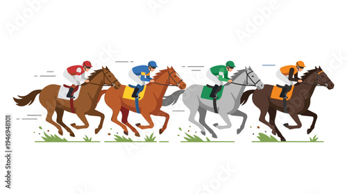 Jockeys riding racehorses, equestrians and horsemen seated on horseback, galloping at high speed, are depicted in a flat vector illustration set against a white background, showcasing the equine