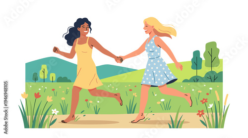 A group of women friends enjoying the countryside, a cheerful pair of girls in dresses running barefoot through a meadow, savoring a summer holiday, presented as a flat vector illustration on a white
