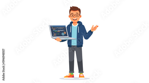 A cheerful male cartoon developer, coder, web designer, software engineer, or IT professional holding a laptop, standing alone on a white background in a vibrant flat-style vector illustration