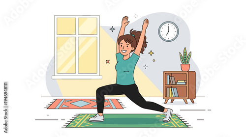A young woman is exercising in the morning, happily performing gymnastics at home as part of her daily routine, depicted in a bright flat cartoon vector illustration