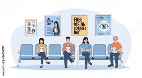 People Waiting in Eye Clinic Illustration Featuring Posters and Vision Care Imagery