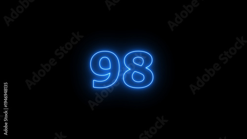 Abstract beautiful blue neon counting number 98 icon background 4K illustration.
