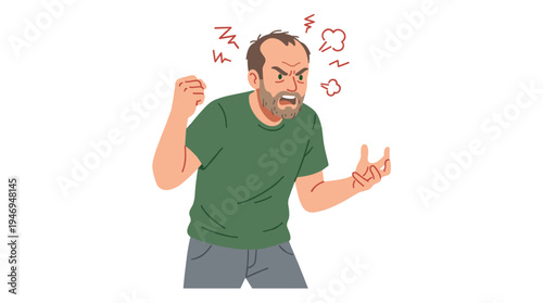 A furious, irritated man waves angrily, expressing annoyance and rage, while a frowning, indignant figure looks disgruntled, and a grumpy guy shows dissatisfaction and outrage, all depicted in a flat