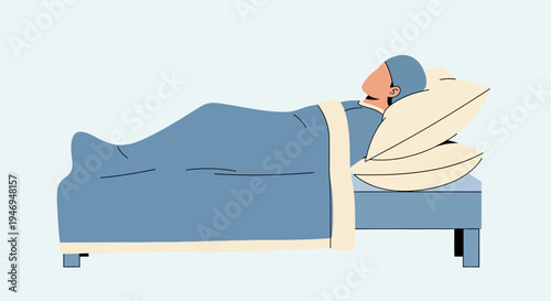 Person Asleep In Bed Under Duvet And Pillows, Dreaming, Flat Illustration Style