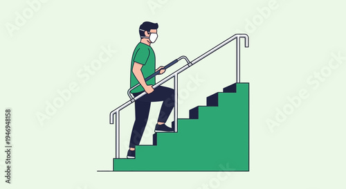 Person Climbing Stairs With A Mask During A Health Crisis And Safety Measures