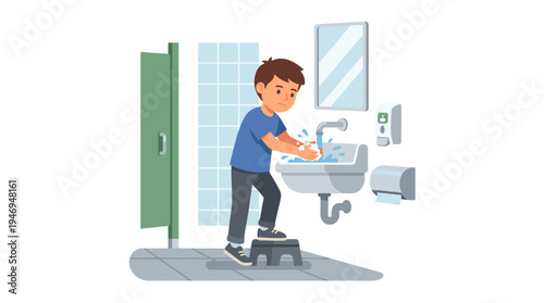 A boy washes his hands in a school restroom, standing at a sink with a washstand, closet, and lavatory nearby, depicted as a flat vector illustration on a white background