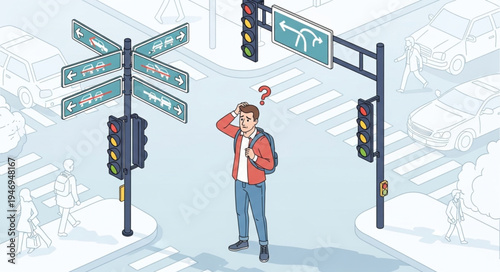 Man lost in snowy city.