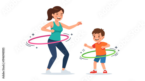 A mother and her son spin hula hoops around their waists while enjoying a joyful family workout, shown in a flat vector illustration on a white background