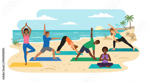 Flat vector illustration of a beach yoga class, featuring people in sportswear performing yoga asanas on the sand, promoting a healthy outdoor lifestyle and active recreation