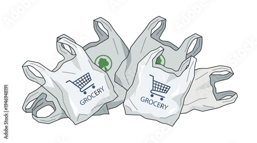 Polyethylene plastic bags, used cellophane polythene grocery shopping packages, are wrinkled, crumpled disposable packs with handles, depicted as a flat vector illustration on a white background