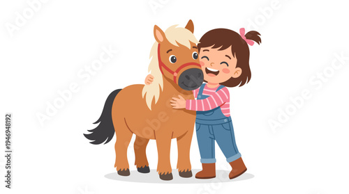 A cheerful young girl embraces a pony in a flat vector illustration, depicting a cute child and a lovable horse sharing a friendly bond against a white background
